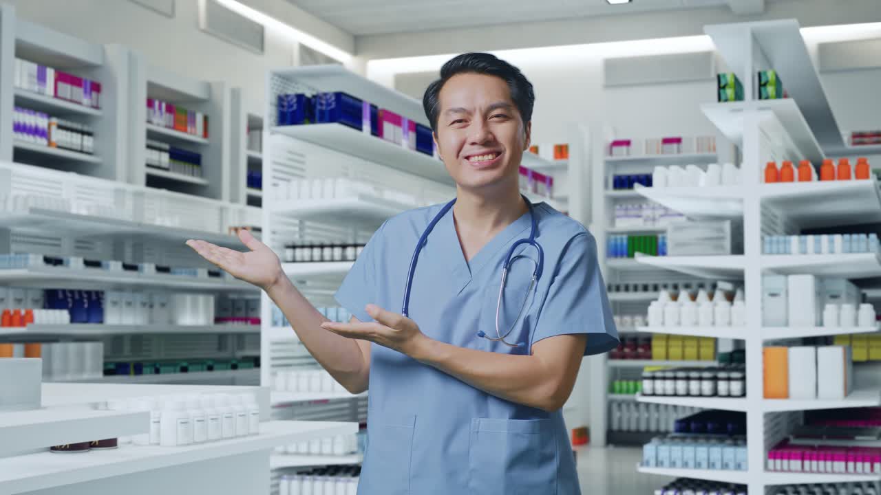 스테토스코프를 들고 웃으며 약국 을 가리키는 아시아 남성 의사