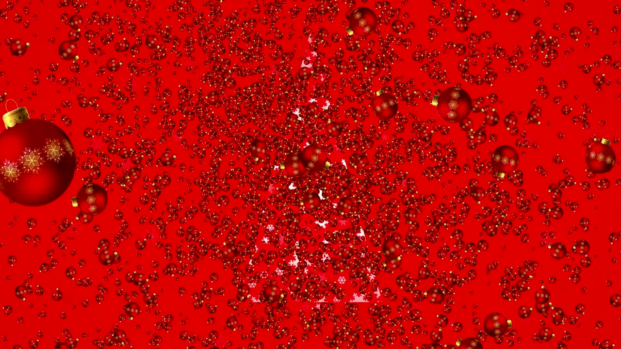 빨간색 장식 크리스마스 공, 크리스마스 트리와 함께 빨간색 배경에 소용돌이에서 날아다니는 애니메이션