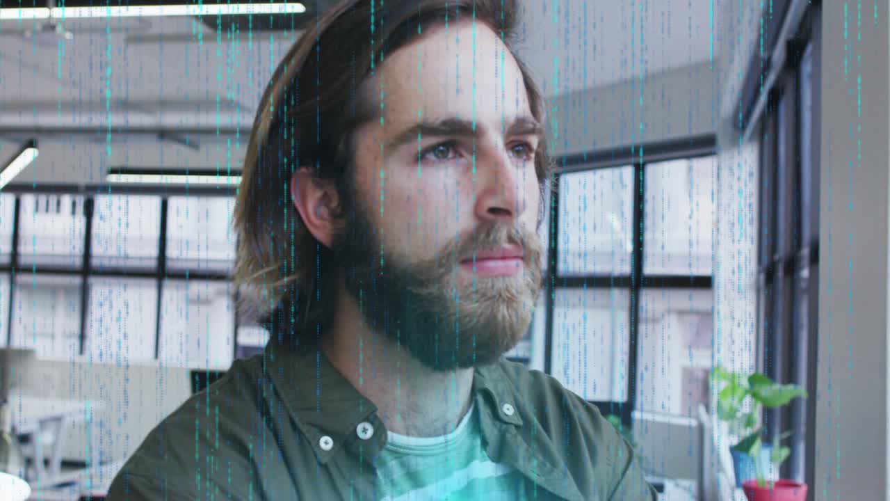 Businessman reacting to cyan streaks appearing, gazing through paned window, touching chin