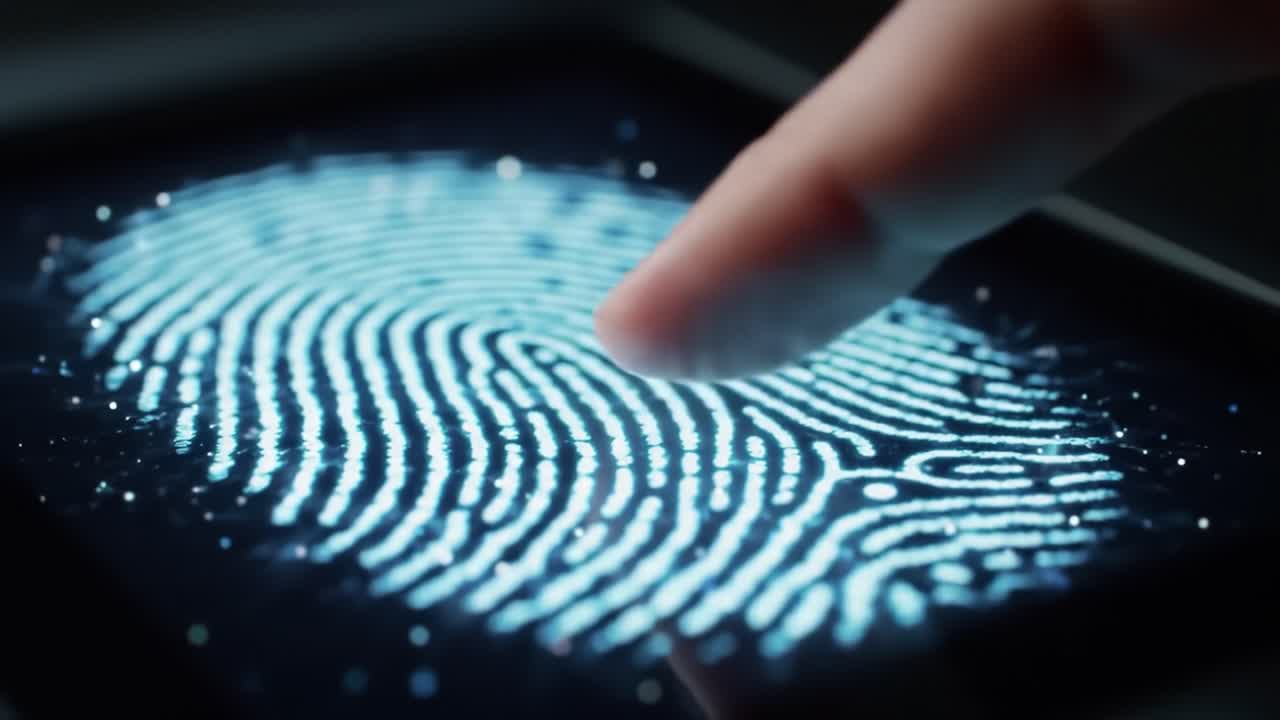 A close-up view of a finger touching a touchscreen displaying intricate fingerprint patterns. The demonstration showcases advanced biometric scanning used for secure access and identification.