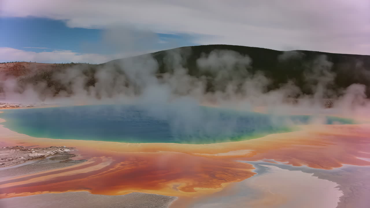 Grand Prismatic Spring with vibrant colors and steam in Yellowstone National Park