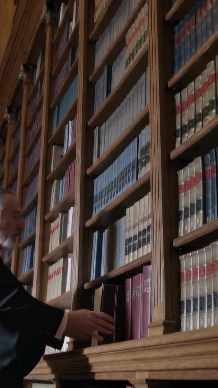 Vertical video: Reaching man in suit reshelving ornate book into lower slot at library, copy space