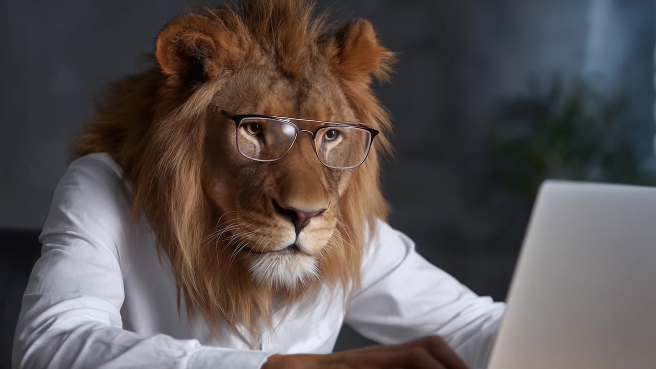 Intelligent Lion in Glasses Working on a Laptop: A Creative Blend of Nature and Technology Capturing a Unique Perspective on Animal Intelligence and Human Habits