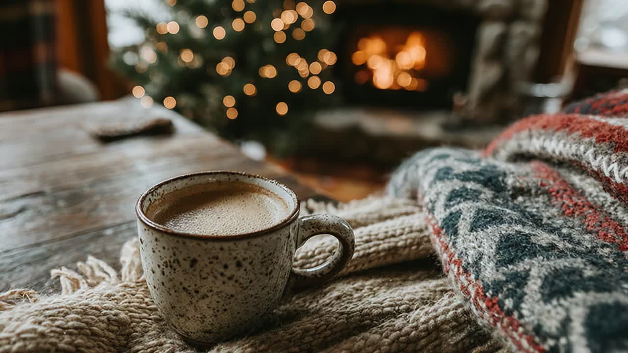 Cozy Winter Scene Featuring a Warm Cup of Coffee, Textured Knit Blanket, and Soft Ambient Lights from a Fireplace, Perfect for Relaxation and Comfort
