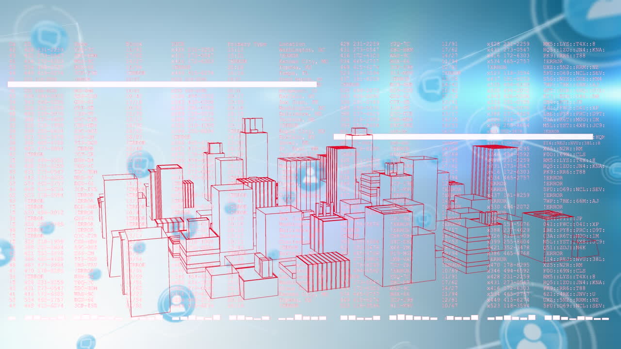 노선, 컴퓨터 언어 및 연결된 아이콘의 애니메이션 - 파란 바탕에 도시의 3d 모델