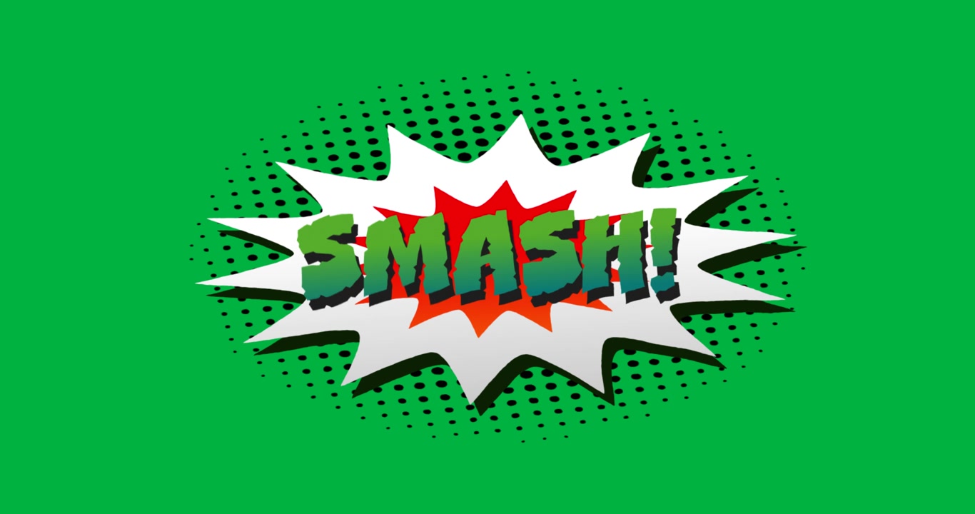 Animation of vintage comic cartoon speech bubble with Smash! text written in green letters moving