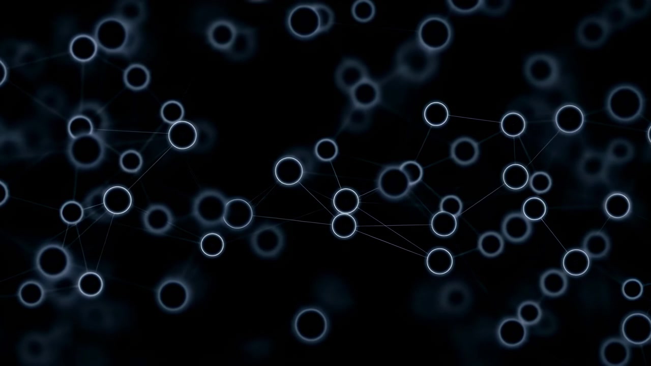 Floating Ring Nodes Forming Network Grid On Dark Blue Field, Pulsing Circles And Connecting Lines Suggest Data