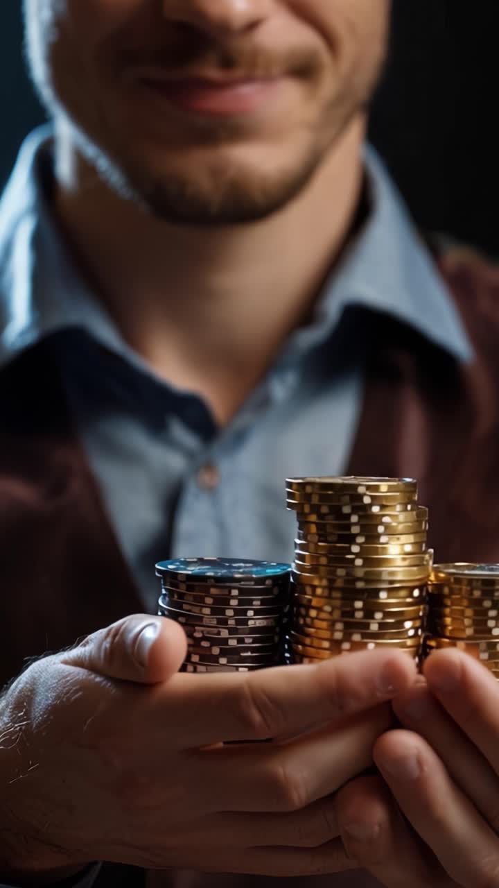 Una persona che tiene una pila di fiches da casinò dai colori vivaci tra le mani con un bagliore soffuso, su uno sfondo scuro, evocando temi di ricchezza e gioco d'azzardo.