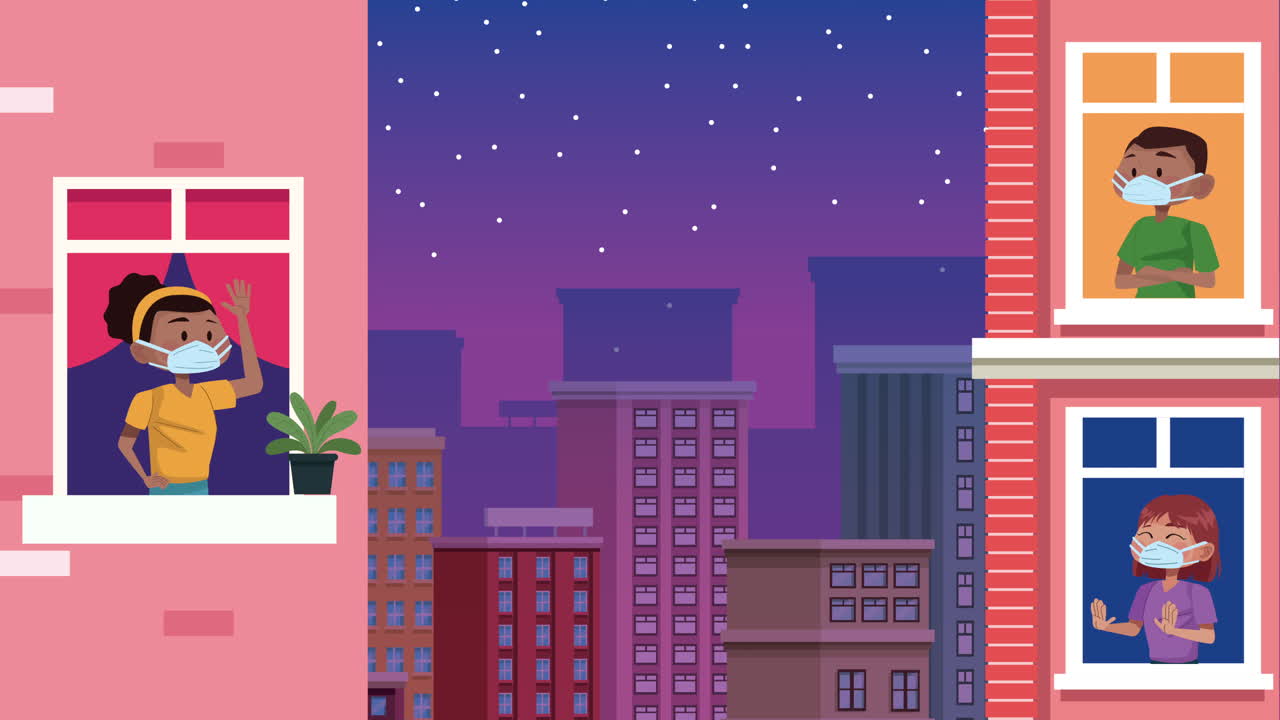 personas que usan máscaras médicas para covid-19 en los balcones de los apartamentos