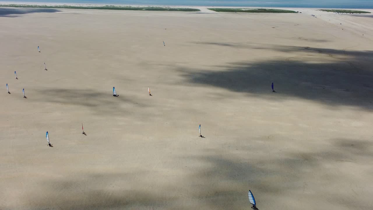 Aerial Shot of Blokarts on Sonderstrand Beach in Romo, Denmark. 4K Drone Footage