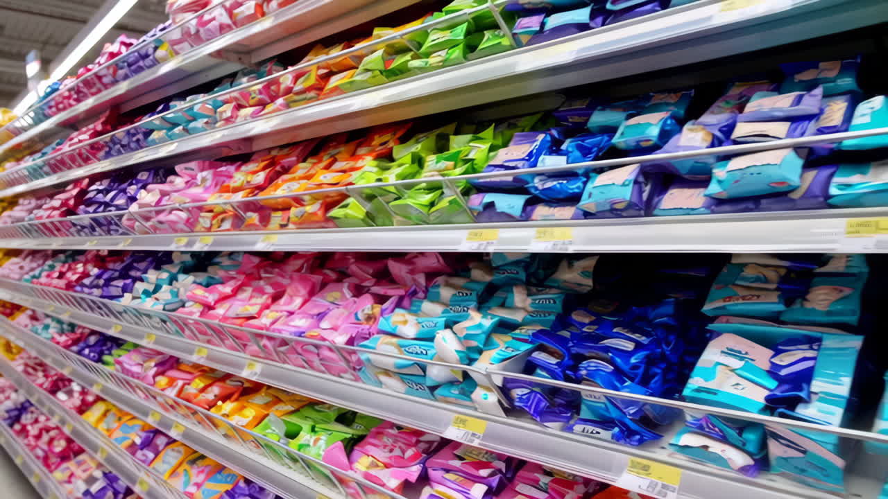Colorful Packaged Products on Shelves in a Supermarket Aisle