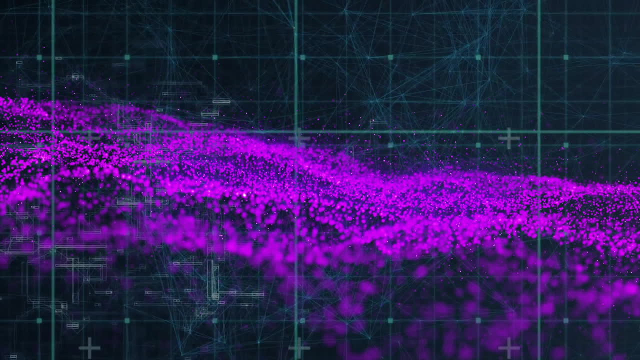 Animation of data processing over purple glowing mesh and dark background