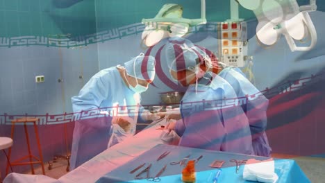 Animation-of-flag-of-iran-over-surgeons-in-operating-theatre