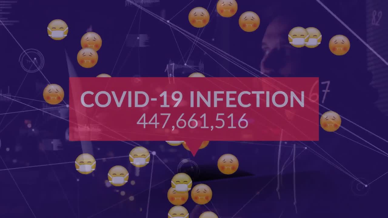 Animazione di testo COVID-19 ed emoji malate su elaborazione dati e hacker
