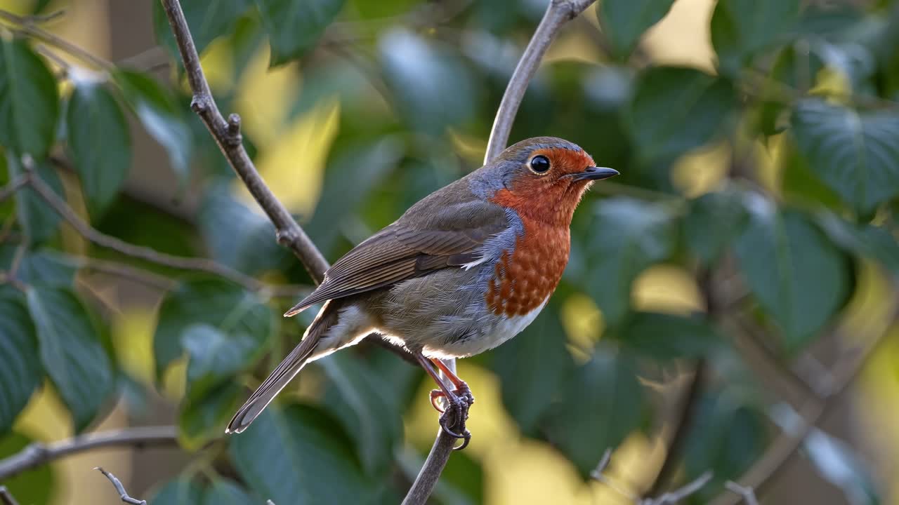 Video ravvicinato di un pettirosso appollaiato su un ramo, che mette in mostra il suo rosso vivace