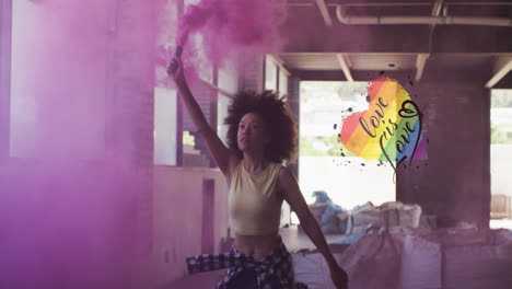 animation of rainbow heart with love is love over african american woman with flare