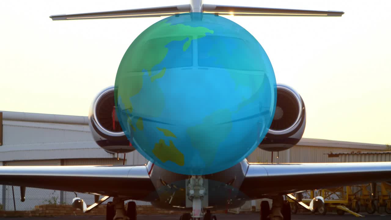 At start translucent globe appearing, growing and rotating over business jet nose, showing routes