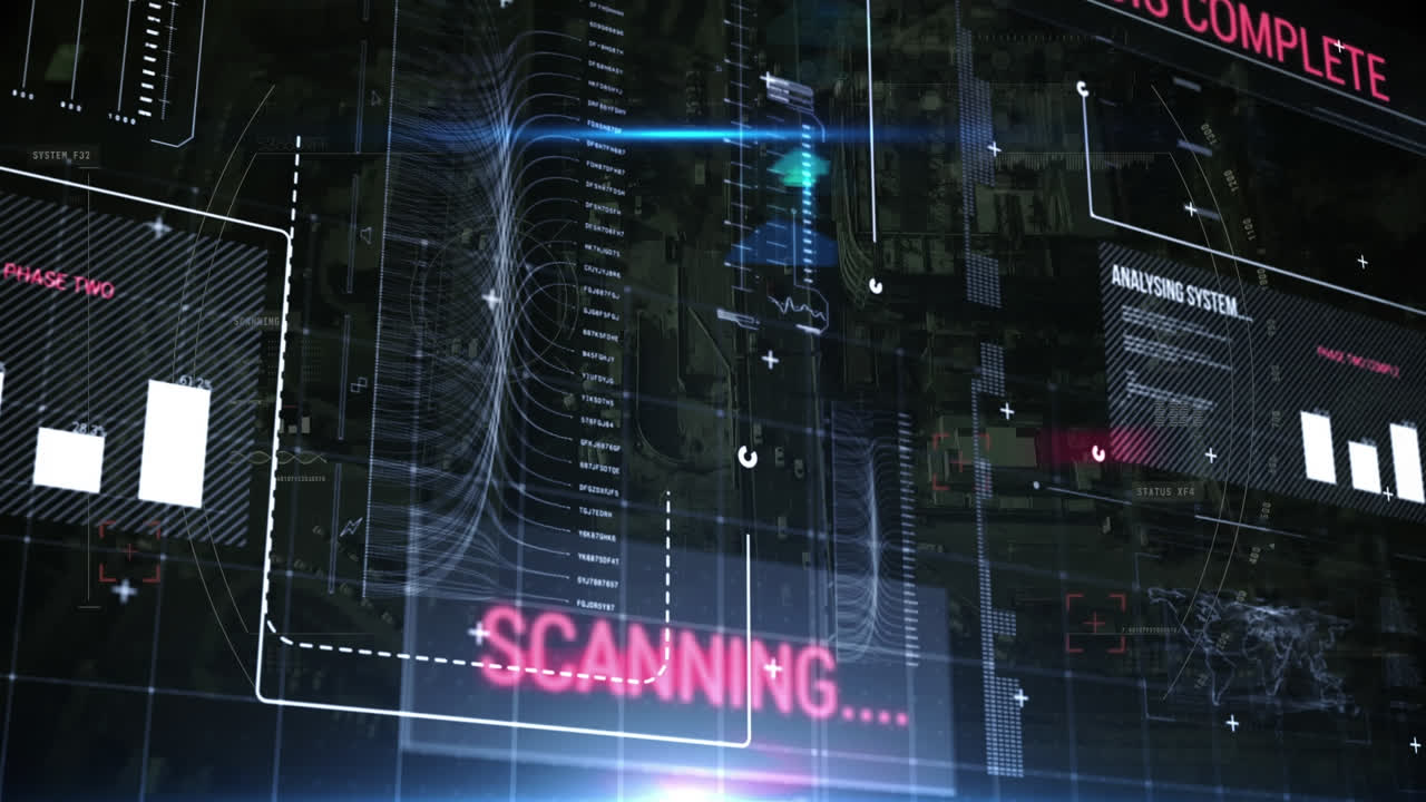 Animation of data processing on screen over cityscape