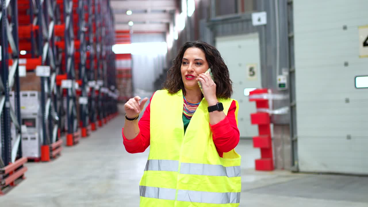 Woman in Safety Vest Talking on Phone in Warehouse