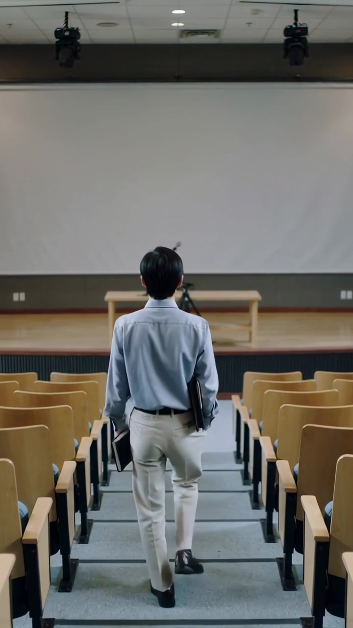Vertical video: Entering hall man in blue shirt walking aisle to podium with laptop