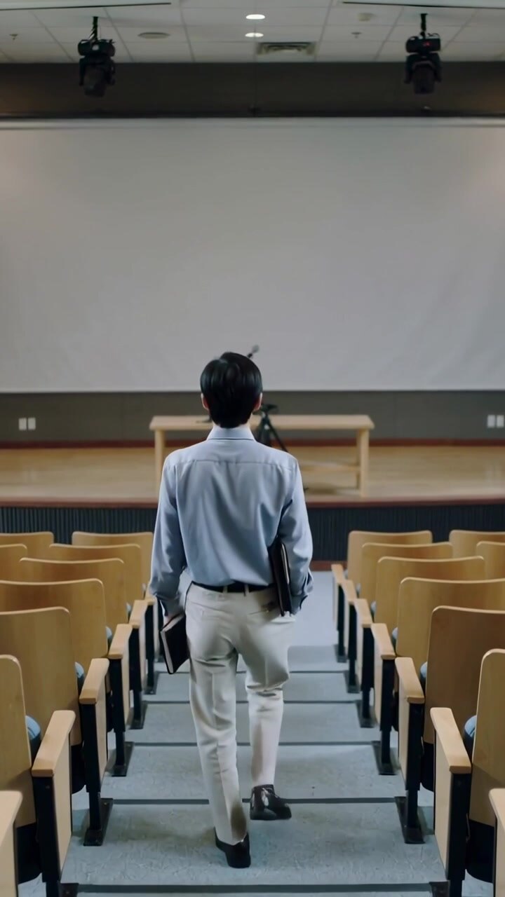 Vertical video: Entering hall man in blue shirt walking aisle to podium with laptop