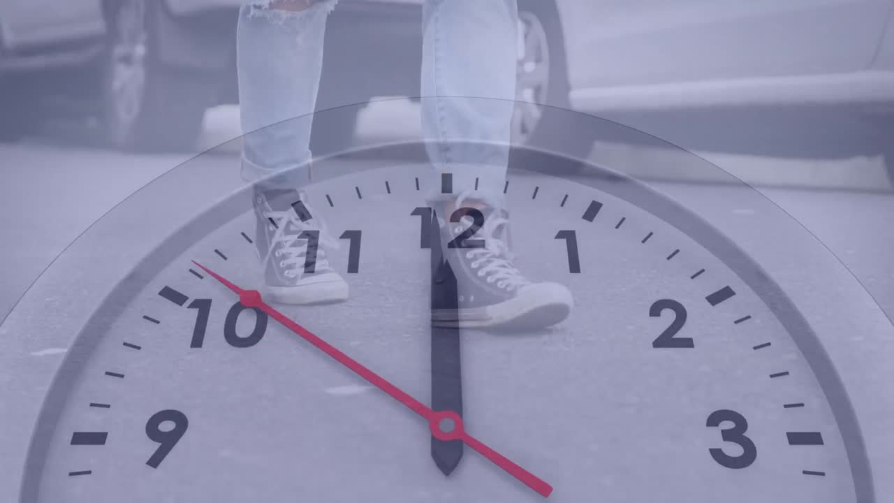 Animation of clock moving over caucasian businessman walking