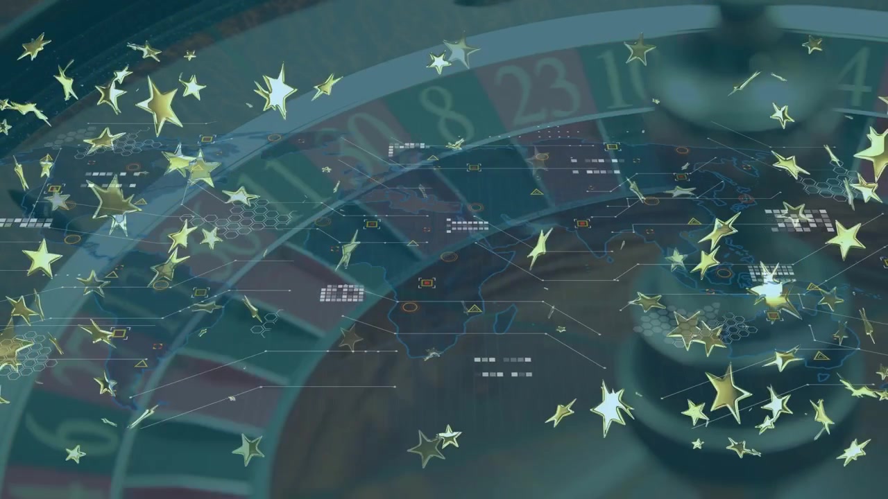Animazione di stelle che cadono su un gioco di roulette rotante.