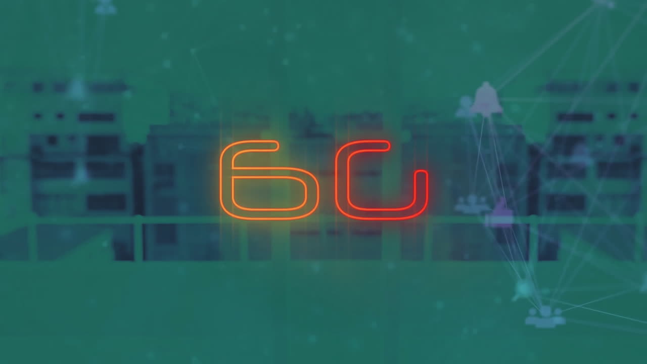 animación de texto 6g e íconos conectados globos sobre la ciudad moderna contra el cielo