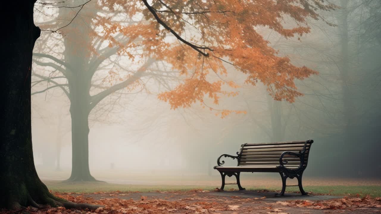 Wooden bench nestled in a mysterious, foggy park on a crisp fall day, surrounded by vibrant foliage and bare trees, inviting moments of relaxation and quiet contemplation