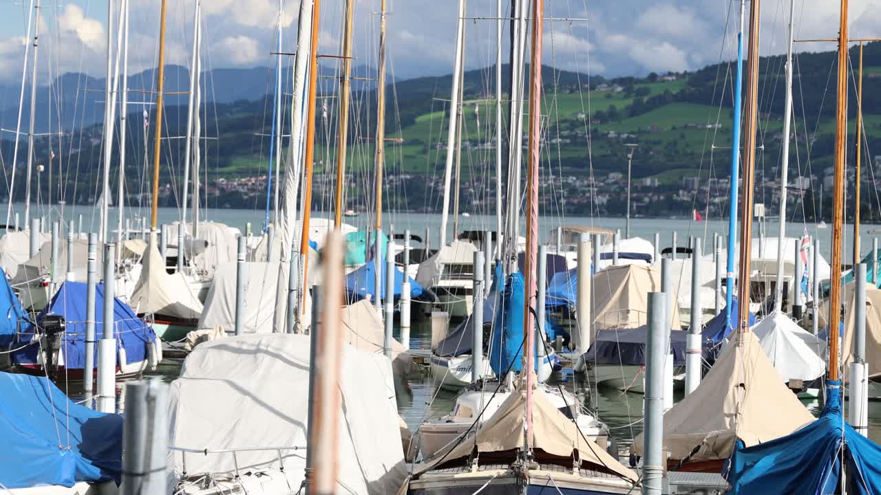 Boat masts from sailboats docked in the harbor