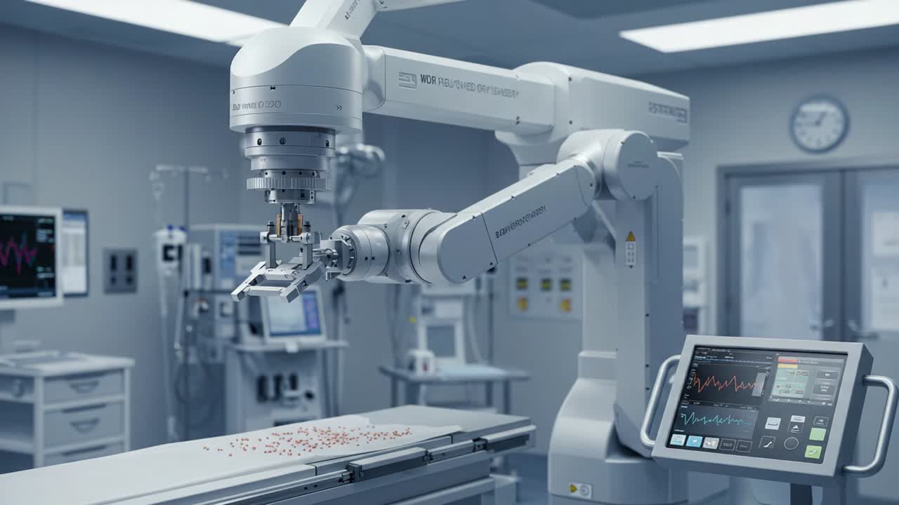 This robotic surgical assistant showcases advanced technology in the operating room, designed to enhance precision and efficiency in medical procedures and patient care