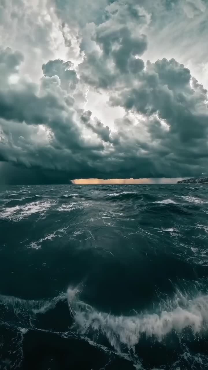 Dramatic ocean storm video scene with low-angle view of turbulent waves and dark clouds