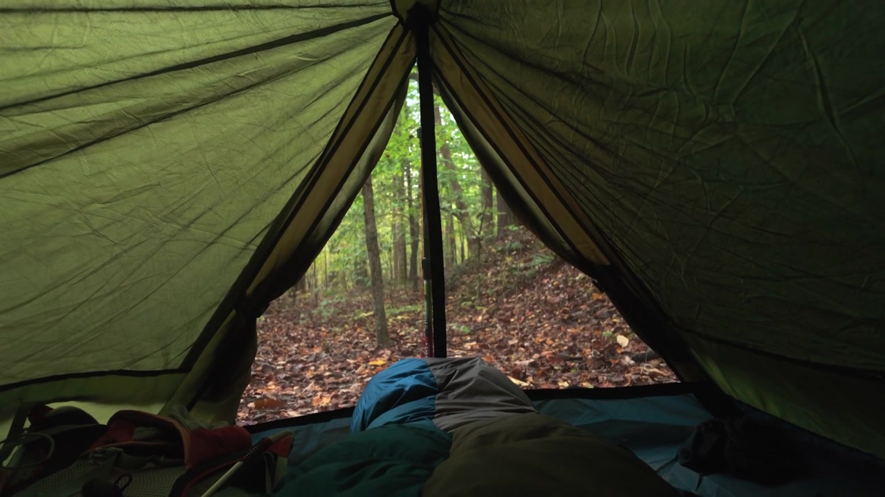 Barraca de camping cercada por floresta no Parque Nacional Shenandoah, Virgínia, EUA. Imagem estática