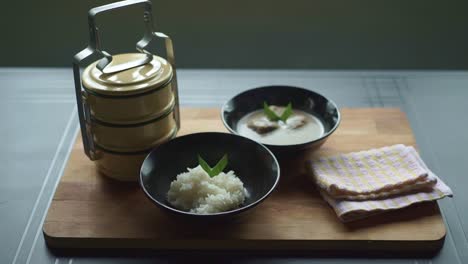 asian cuisine, sticky rice with durian in coconut milk