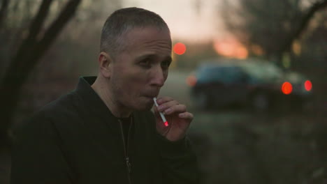 a man in a green jacket is captured in a dimly lit scene, smoking a cigarette with smoke visibly escaping from his nose and mouth