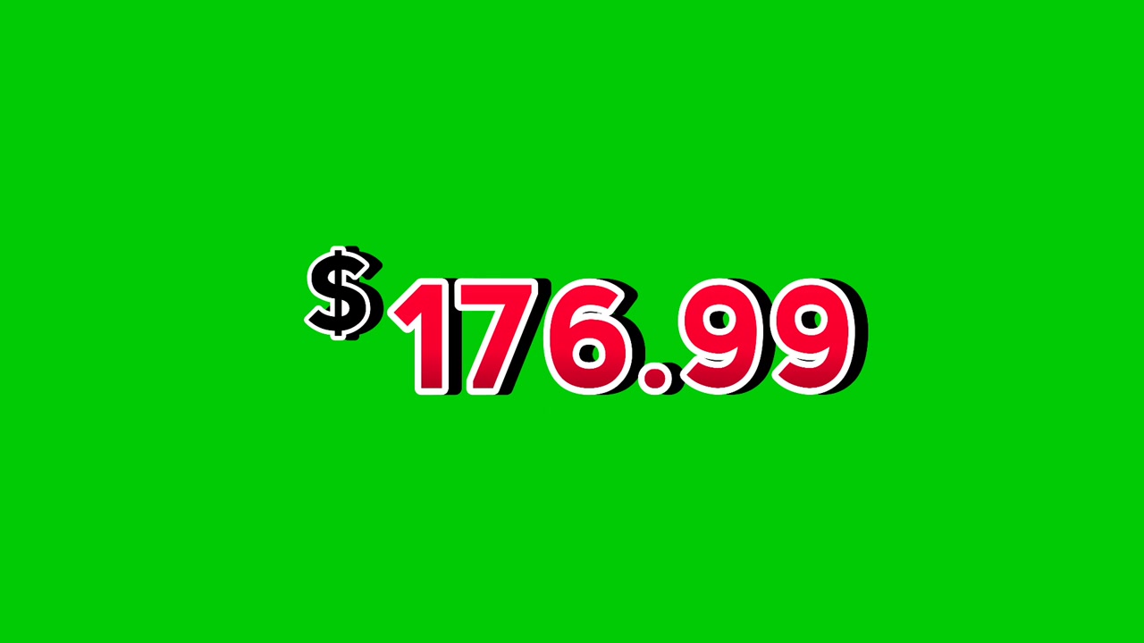 Animation red $176.99 dollars price tag motion graphics with smoke effects on green screen background. Perfect for ads, e-commerce, retail, discounts, and promo videos business concept video element