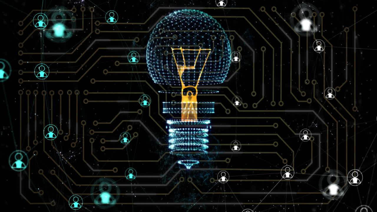 Animation einer Computerplatine mit KI-Datenverarbeitung und Glühbirne