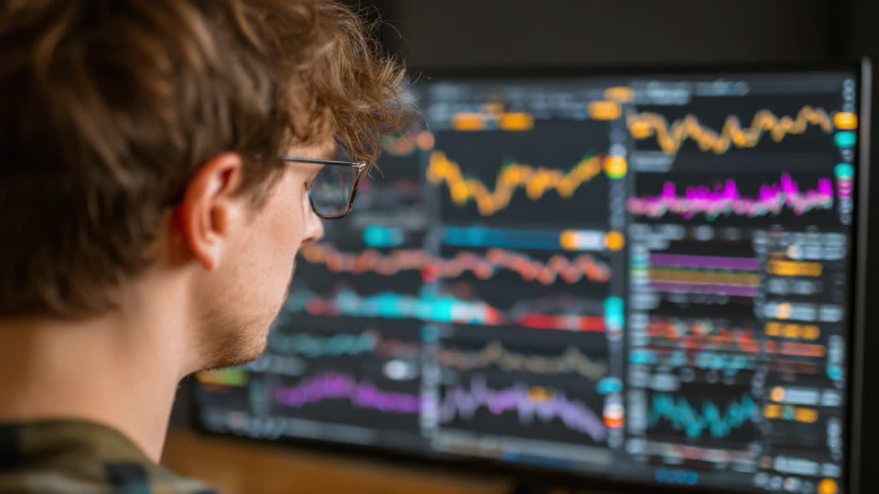 A focused individual analyzes complex data trends on a digital screen, reflecting deep engagement in monitoring analytics, charts, and financial market movements with precision