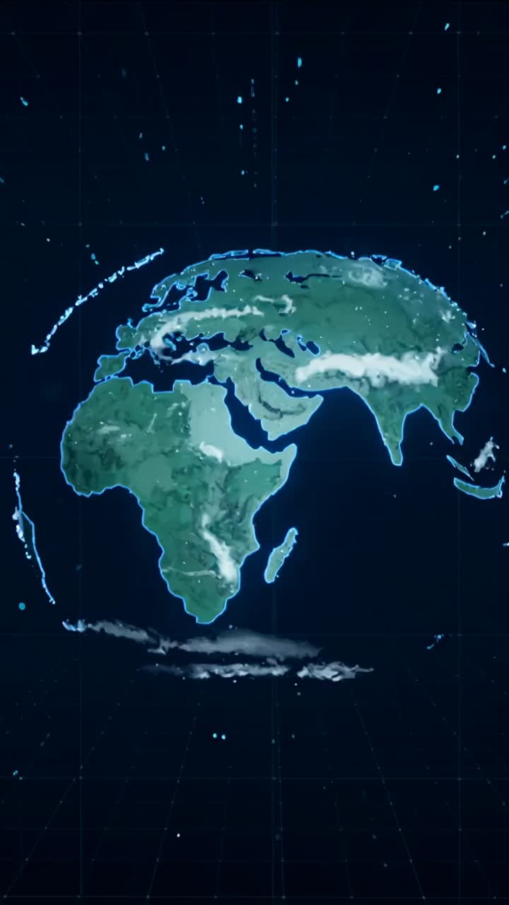 Vertical video: Rotating globe in HUD space on start showing clouds and particles toward Americas