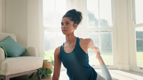 woman, yoga and body with stretching in living
