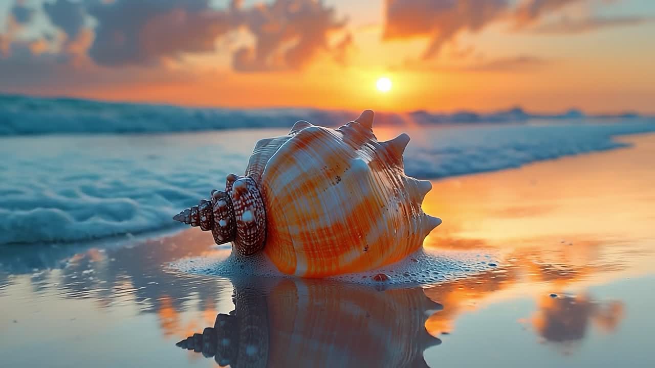Stunning beach sunset with shell. A vibrant sunset casts golden hues over the beach, illuminating a seashell resting on wet sand beside gentle waves.