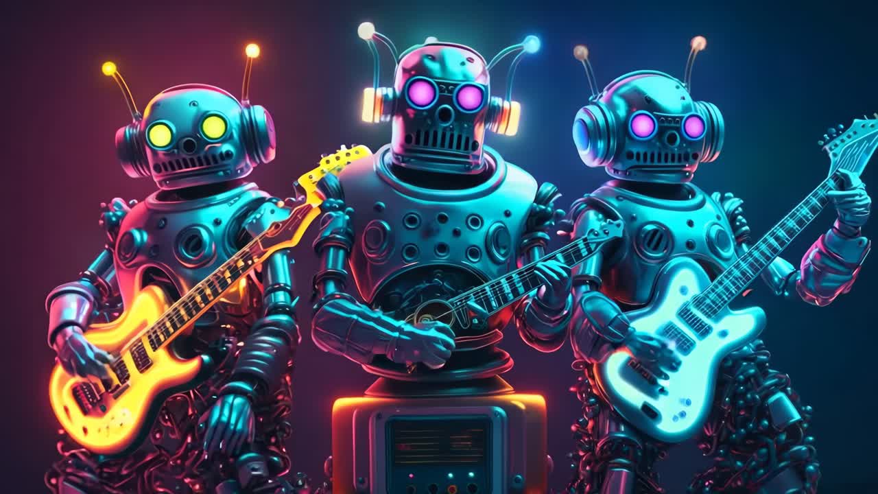 A group of three robots playing electric guitars in a dark room