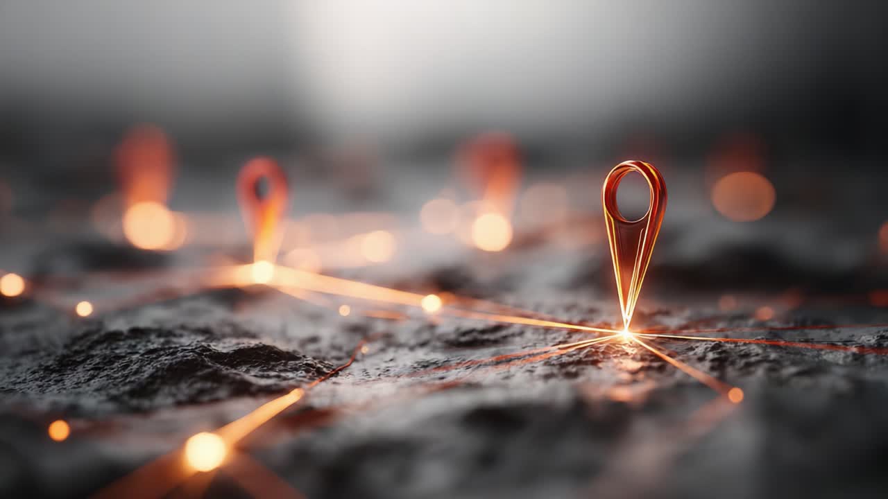 Exploring the Interconnected Web of Digital Locations: A Close-Up Look at Innovative Mapping Technology Highlighted by Glowing Markers