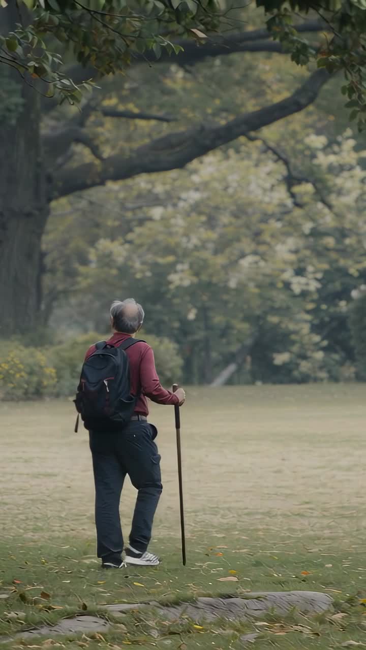 Video verticale: Anziano che avanza, usando un bastone mentre si dirige attraverso il parco verso gli alberi.