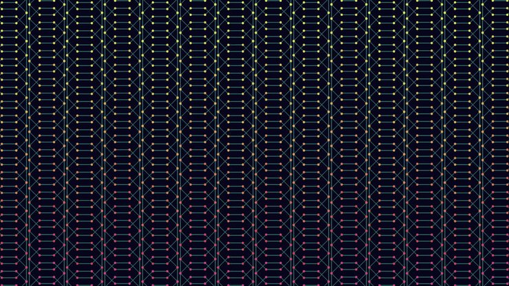 Sømløse abstrakte opptak av et geometrisk nettverksrutenett med tilkoblede noder og glødende linjer på en mørk bakgrunn, ideelt for teknologi-, data- og digitale grensesnitttemaer.