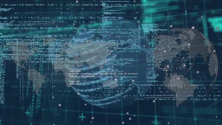 Elaborazione dati su una rete a griglia, con un globo rotante e una mappa del mondo su sfondo blu.