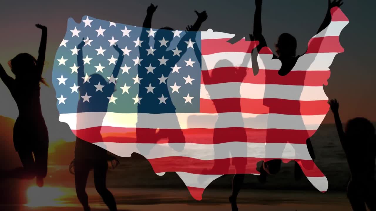 Colorful confetti falling over US flag against silhouettes of people jumping