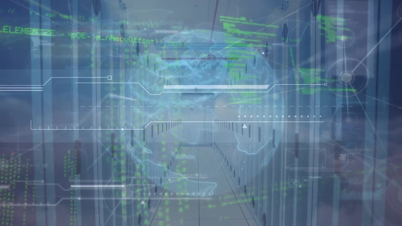 Animation of connections, data processing and globe rotating over servers