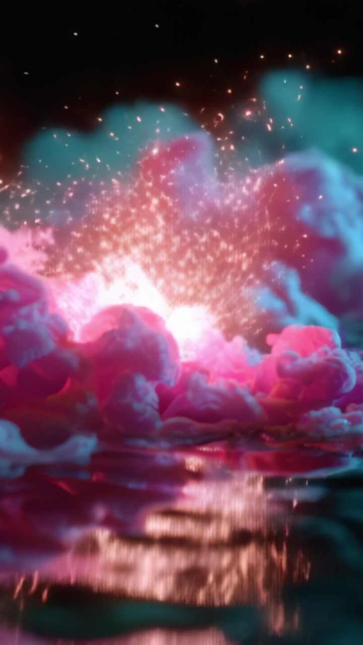 Un'esplosione affascinante di nuvole colorate e scintille radiose, catturata in una straordinaria rappresentazione visiva che mette in mostra la bellezza dell'immaginario astratto e dei riflessi di luce.