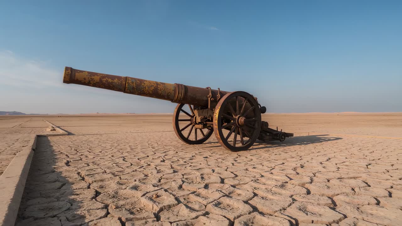 Dopo la sospensione, la panoramica della telecamera rivela un cannone arrugginito con ruote su terra screpolata e bordo in cemento
